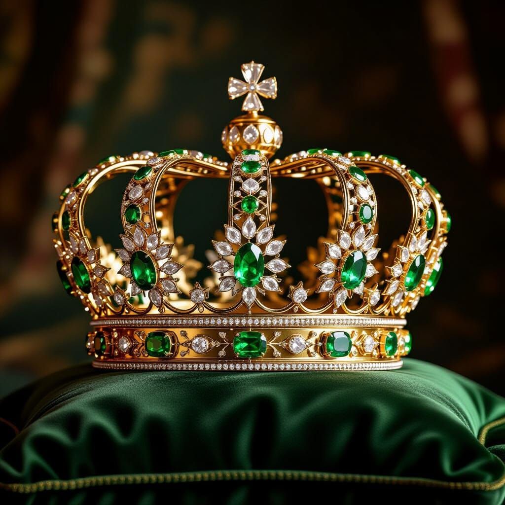 Opulent Crown with Emeralds and Diamonds on Velvet Pillow