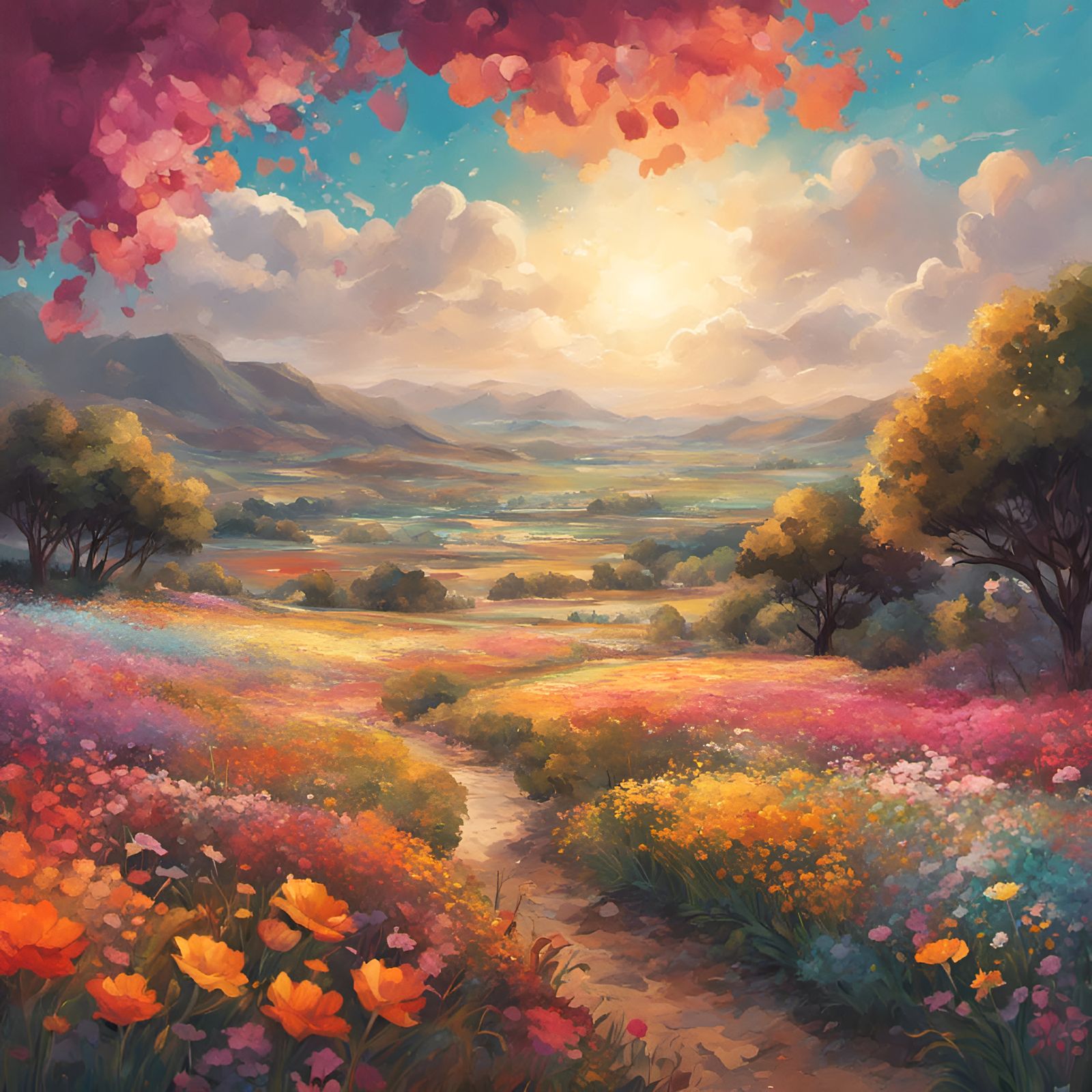 Boho Flower Field Landscape in Splash Art Style