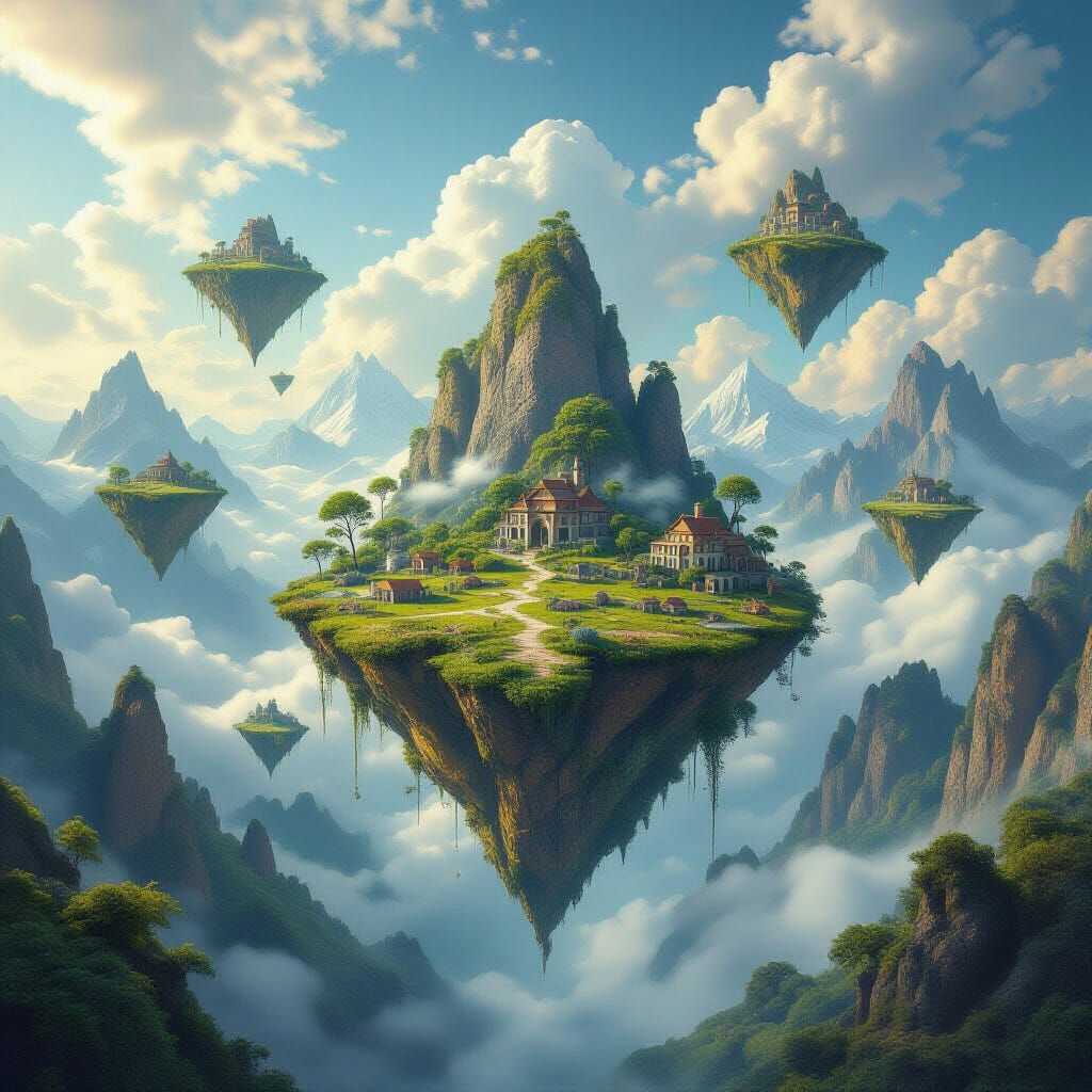 Surreal Landscape of Floating Islands and Upside-Down Mounta...