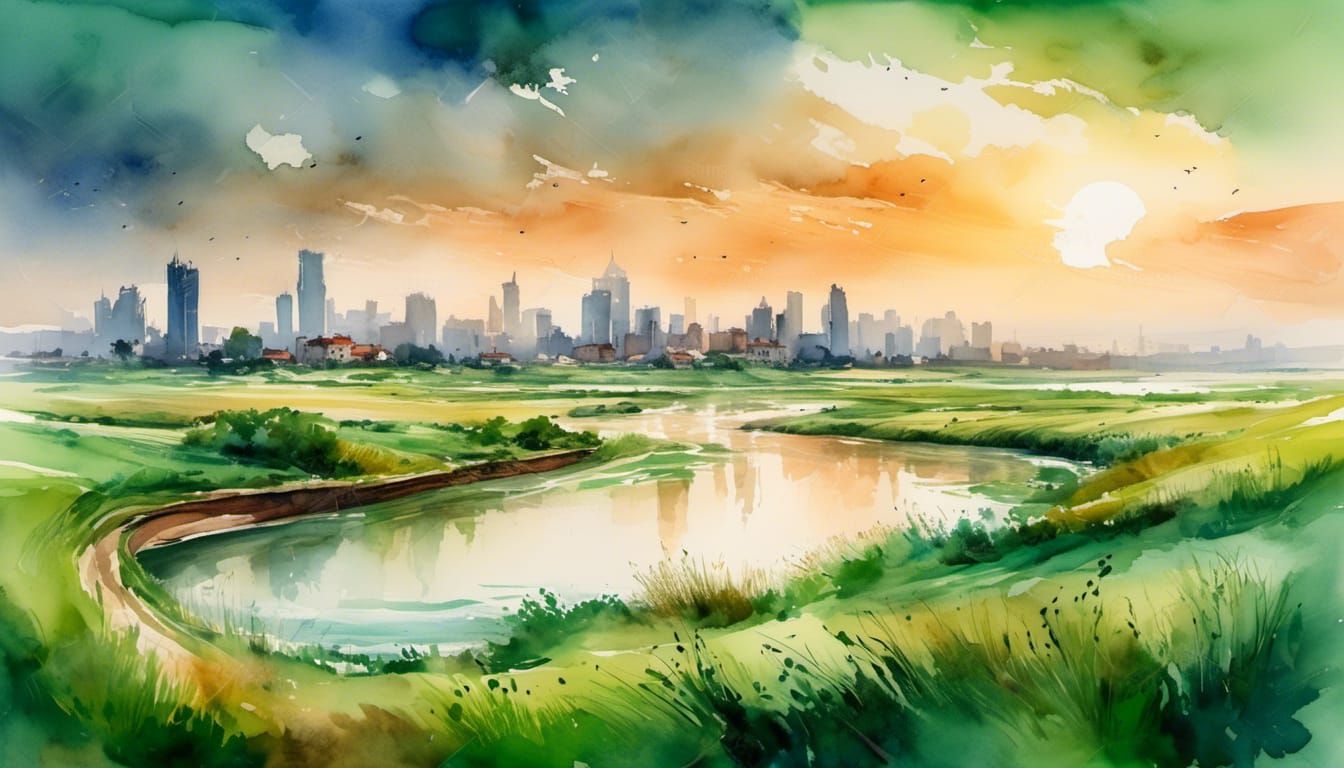 City Skyline Reflects in River: Watercolor Style