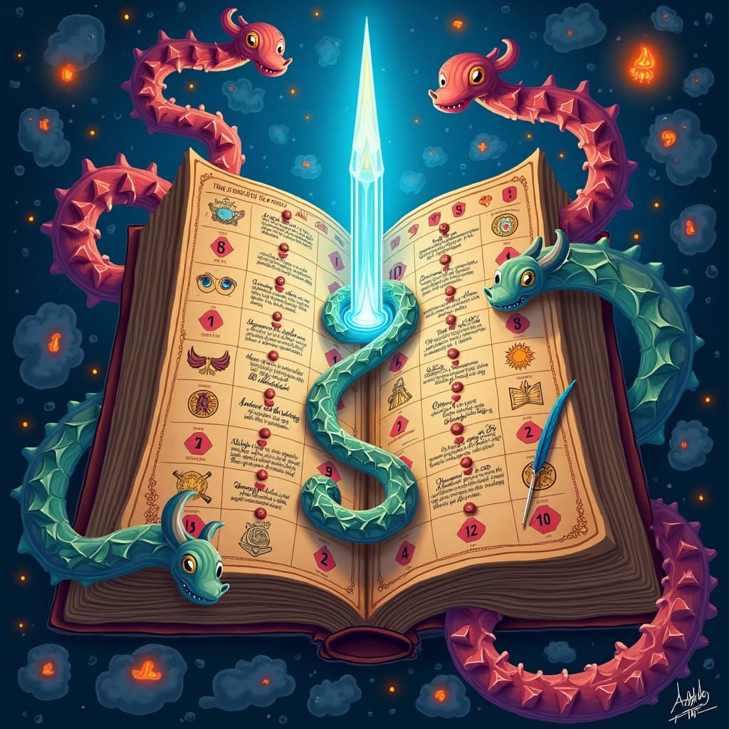 Whimsical Snakes and Ladders Game Poster in Fantasy Style