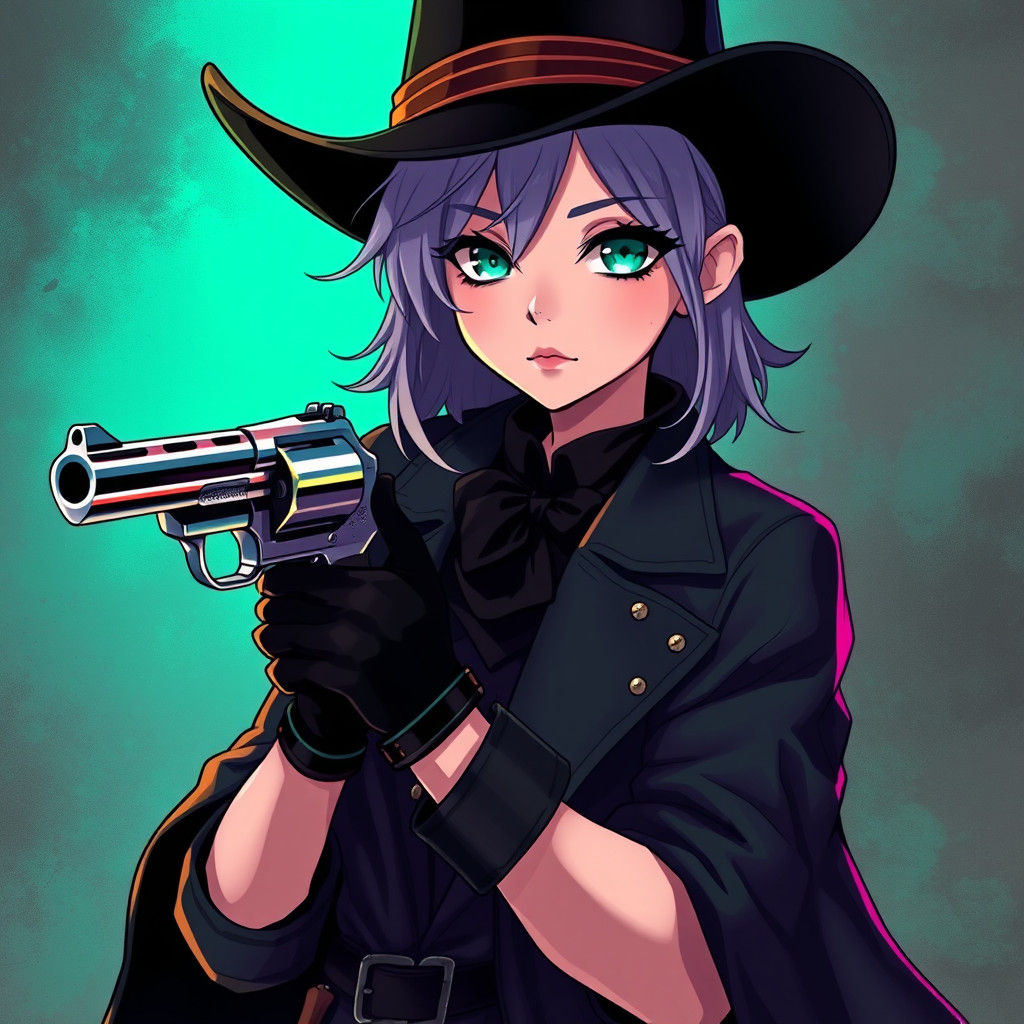 Androgynous Cowboy with Chrome Revolver in Anime Style