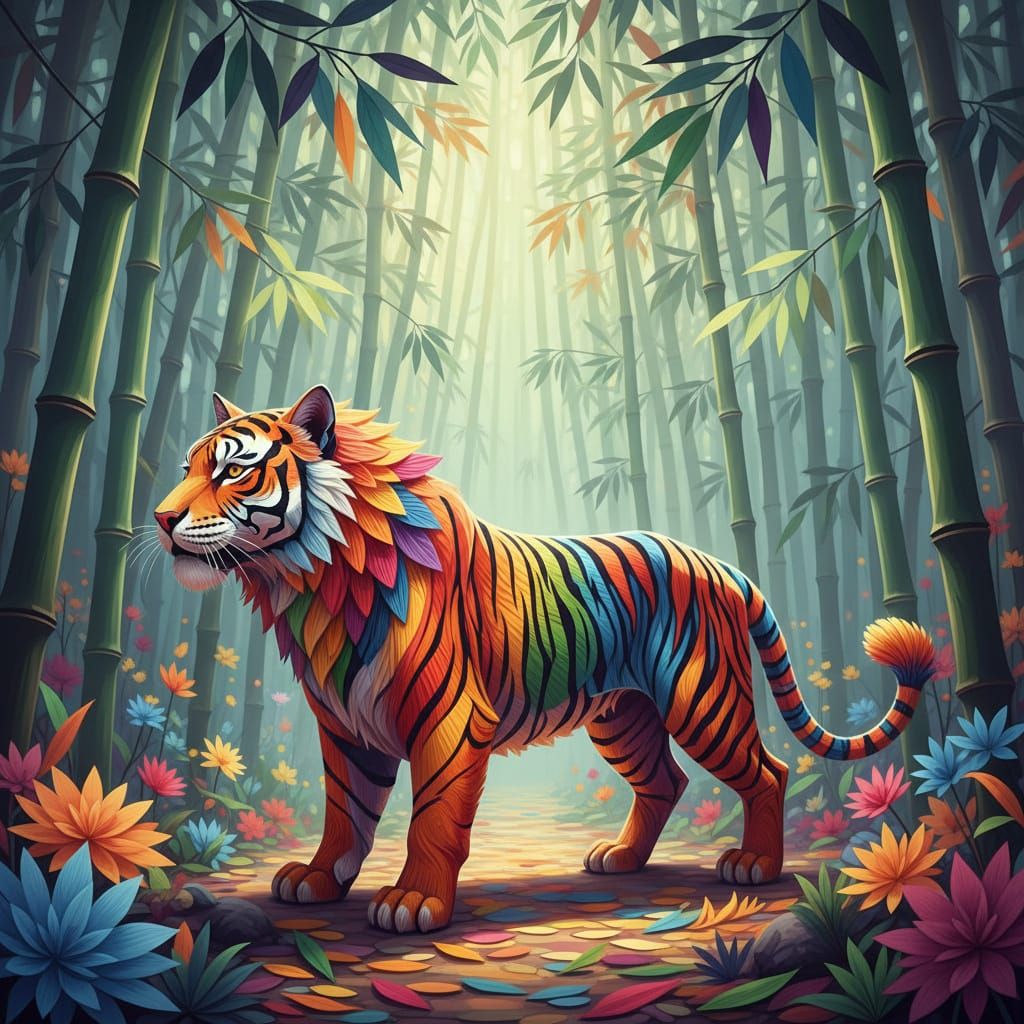 Origami Rainbow Tiger in Paper Bamboo Forest