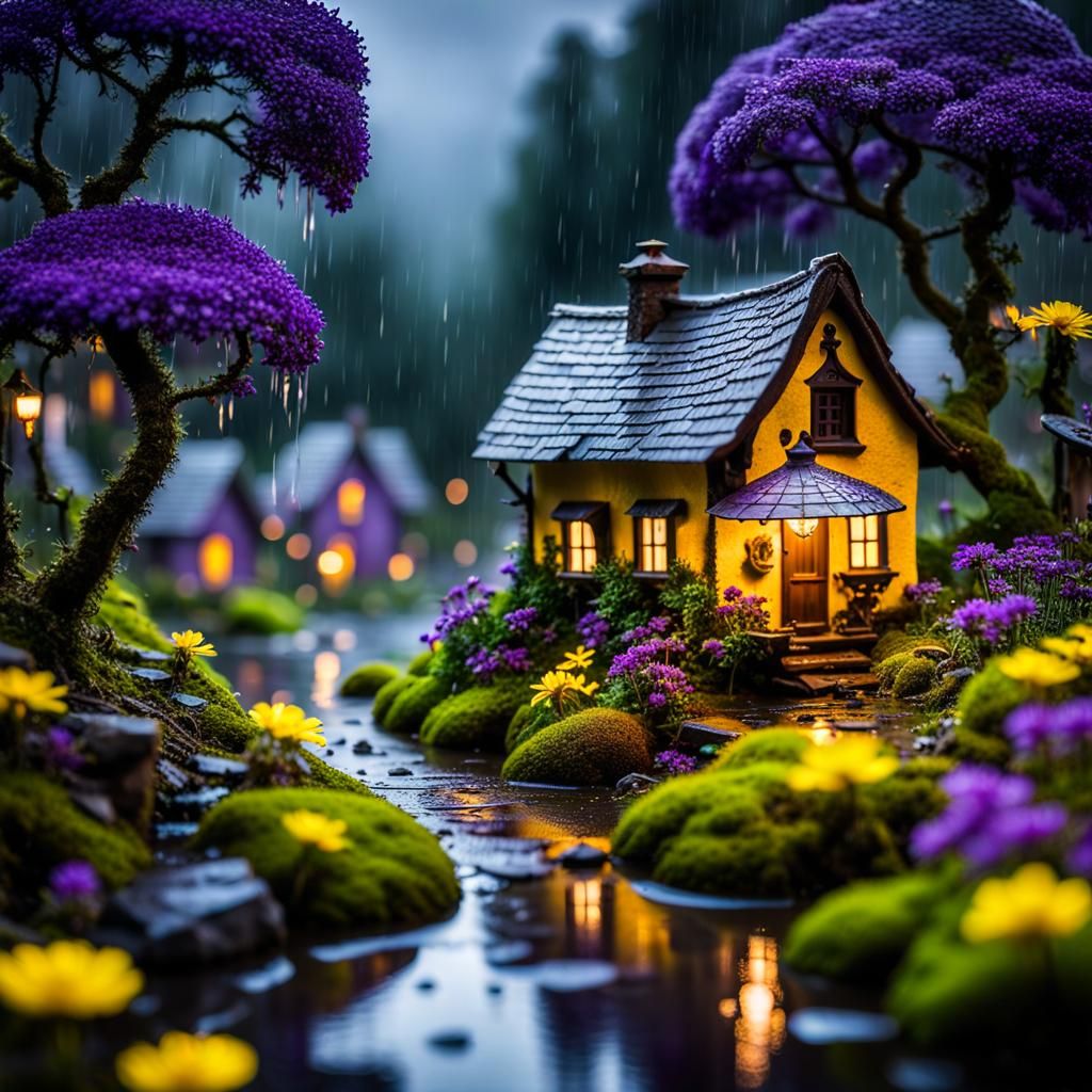 Rainy Village Garden with Water Fairies, Macro Photography