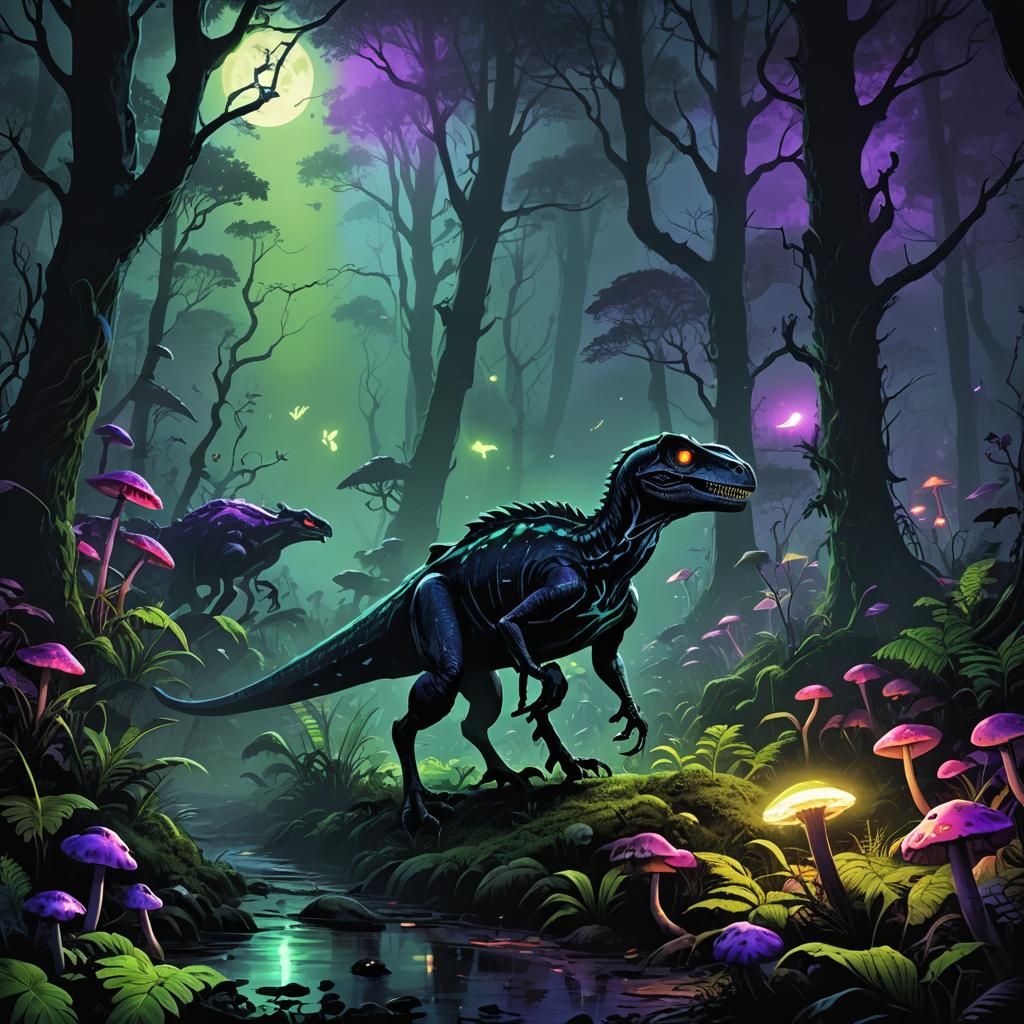 Black Jurassic Raptor Hunts Beetles in Dark Fantasy