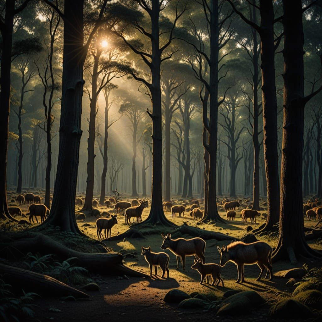 Forest Creatures Silhouetted in Soft Twilight