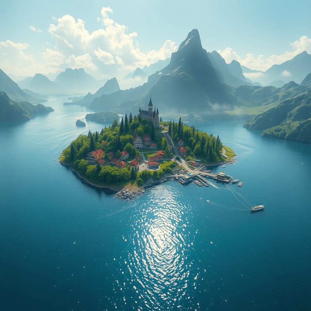 Whimsical Lake Isle in High-Fantasy Setting