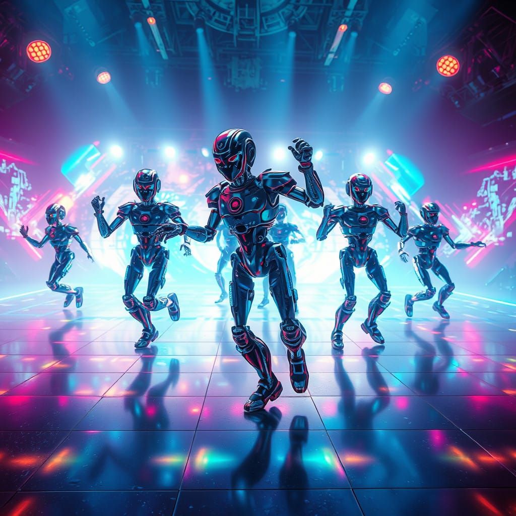 Ethereal Robots Dance Under Neon Lights on Futuristic Stage