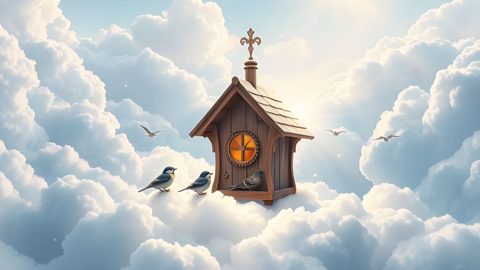 Heavenly Birchwood Birdhouse on Clouds, Anime Style