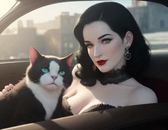 Dita von Teese with cat in car