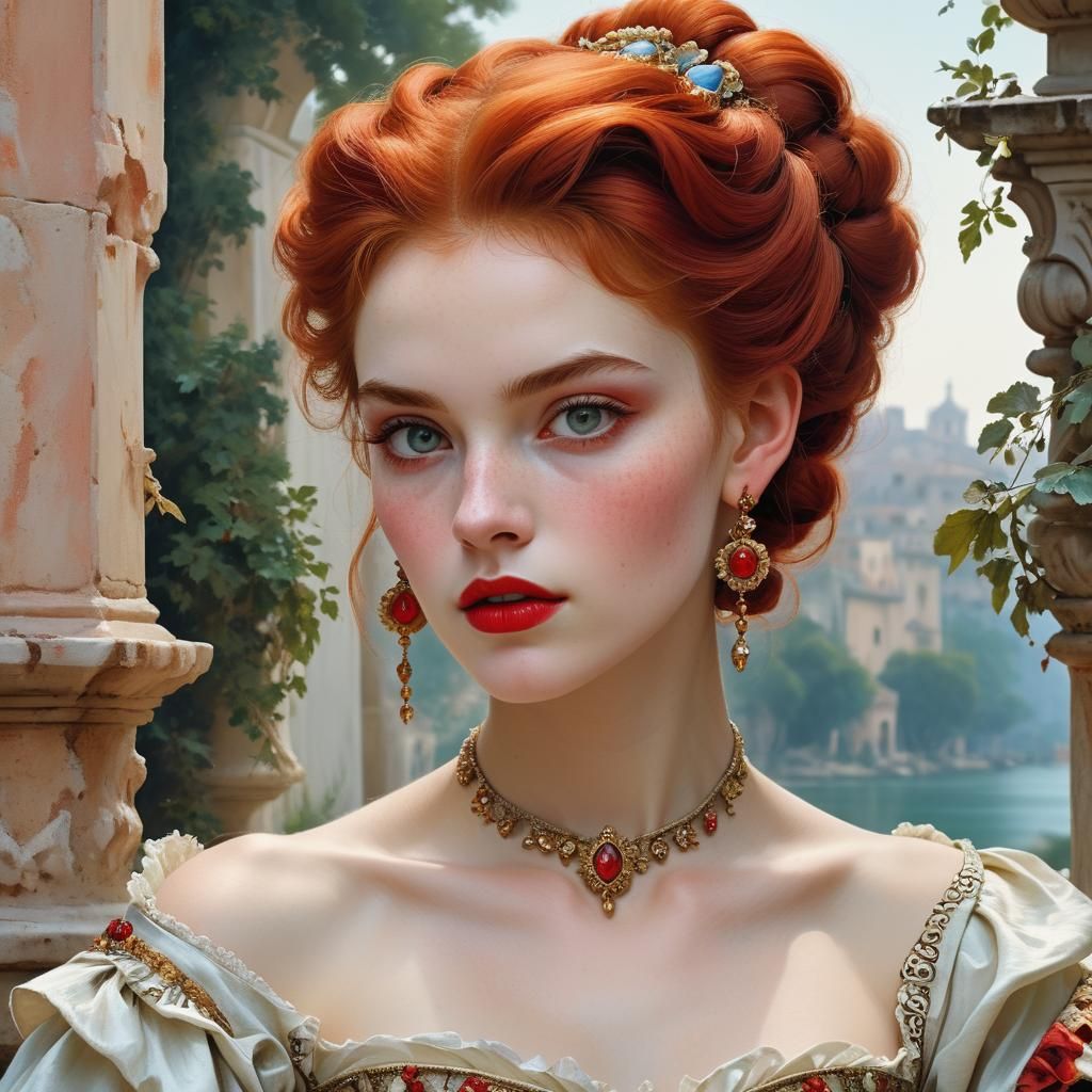 Red-Haired Vampire Paladin in Rococo Fantasy Style