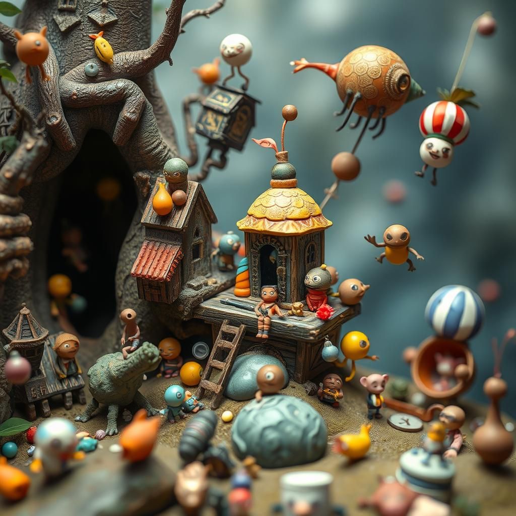 Whimsical Surreal Scene with Tiny Creatures