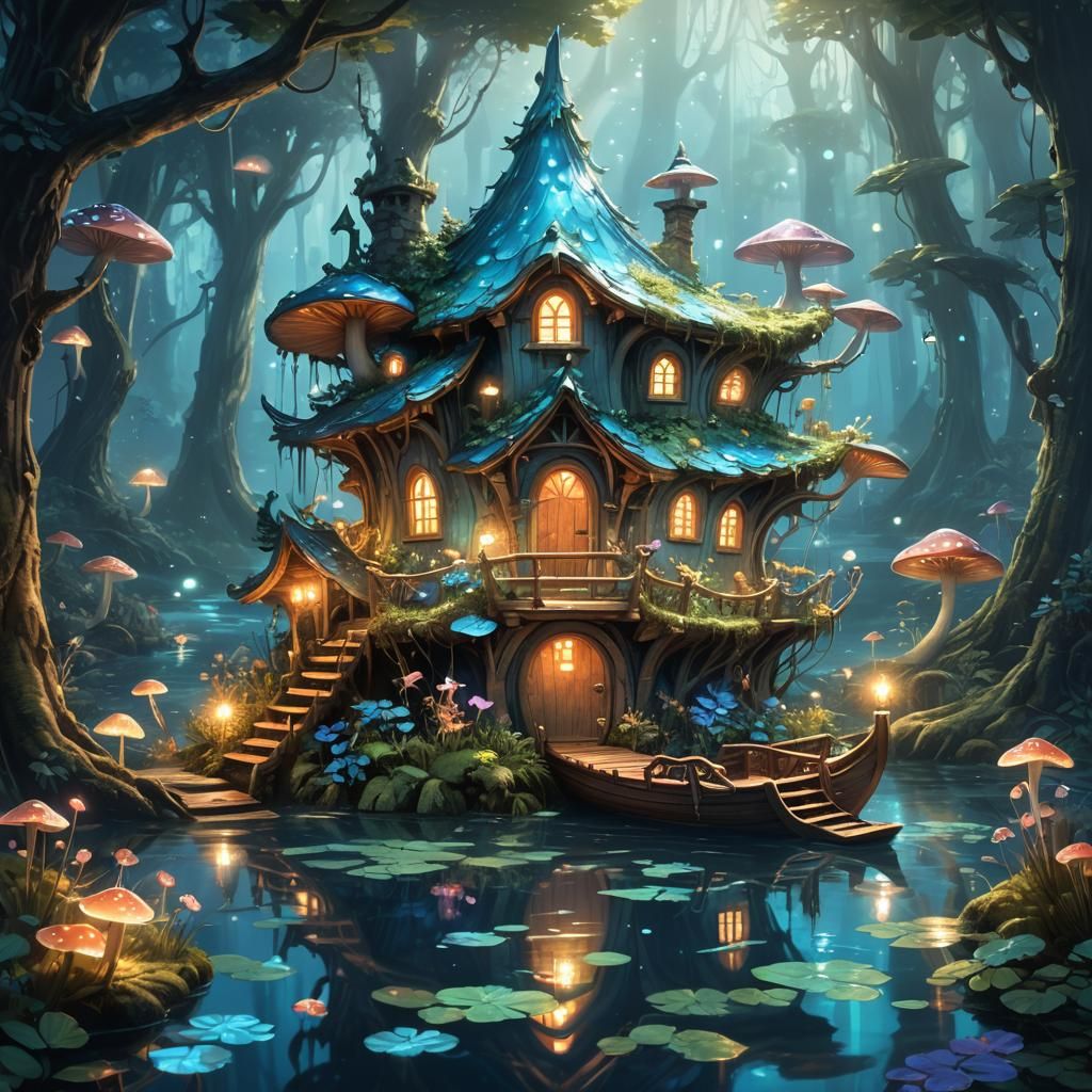Fairy Boat House in Bioluminescent Forest