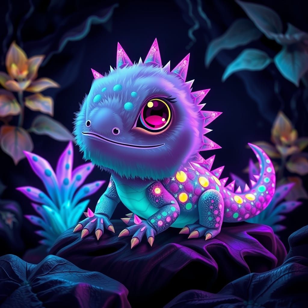 Chibi Kawaii Reptile in Neon Jungle
