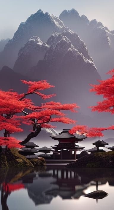 Japanese Teahouse Watercolor Painting in Snowy Courtyard