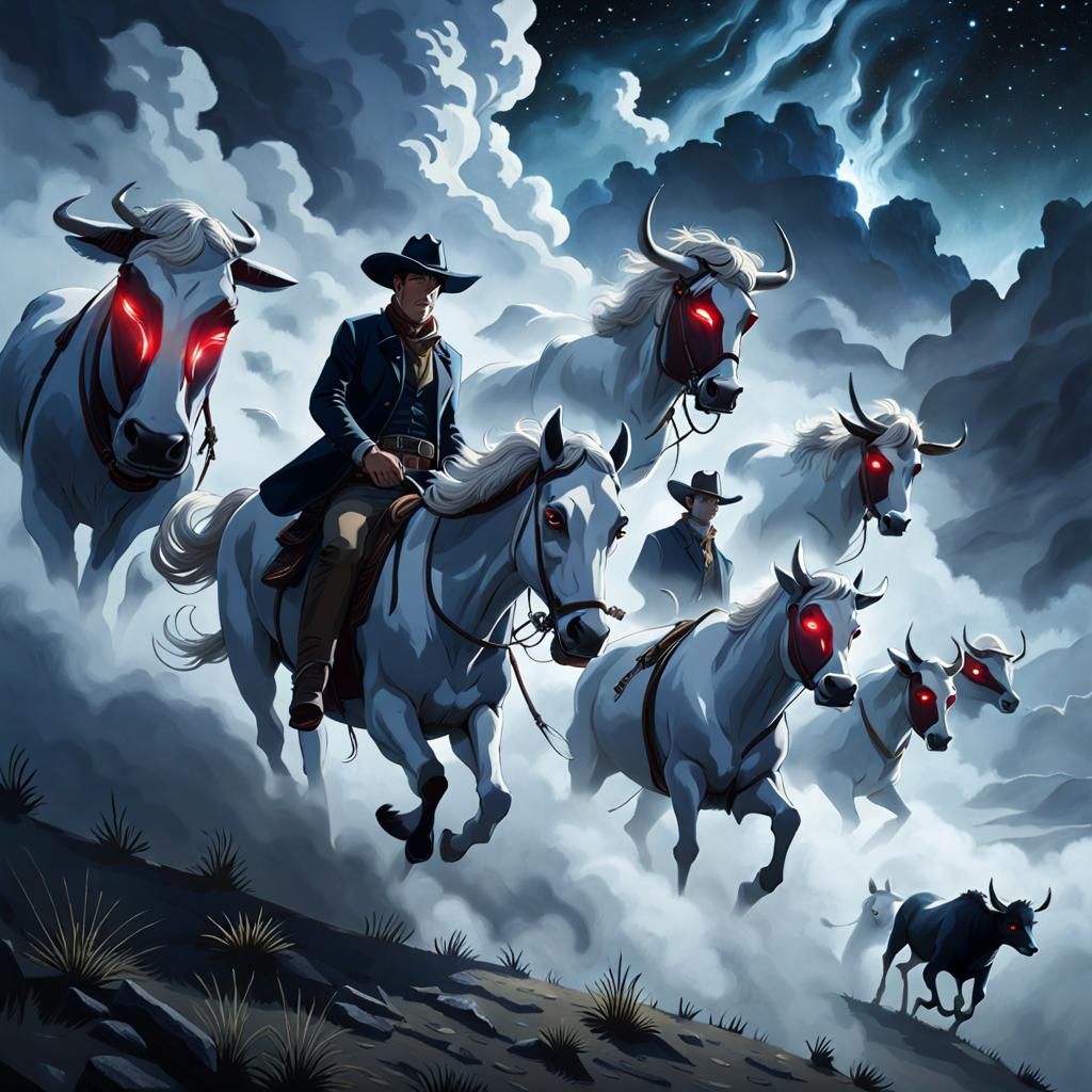 Cowboy Watches Ghost Cattle Run in Sky