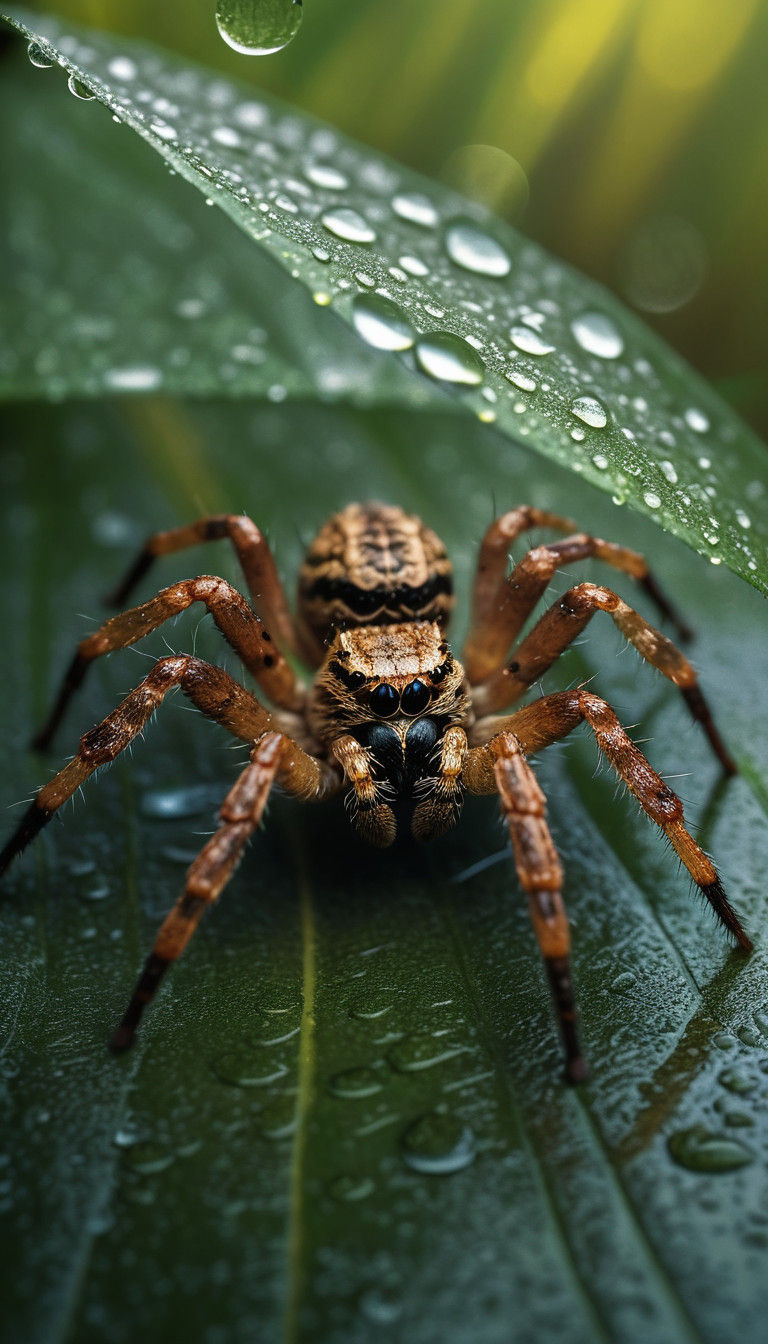 Realistic Wolf Spider Finds Shelter Under Rainy Leaf