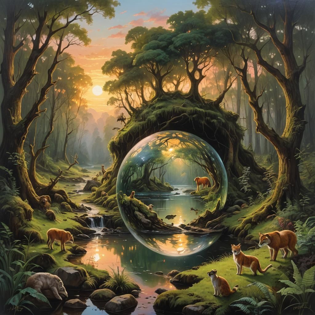 Forest in a Sphere: Animals and Sunset, Oil Painting