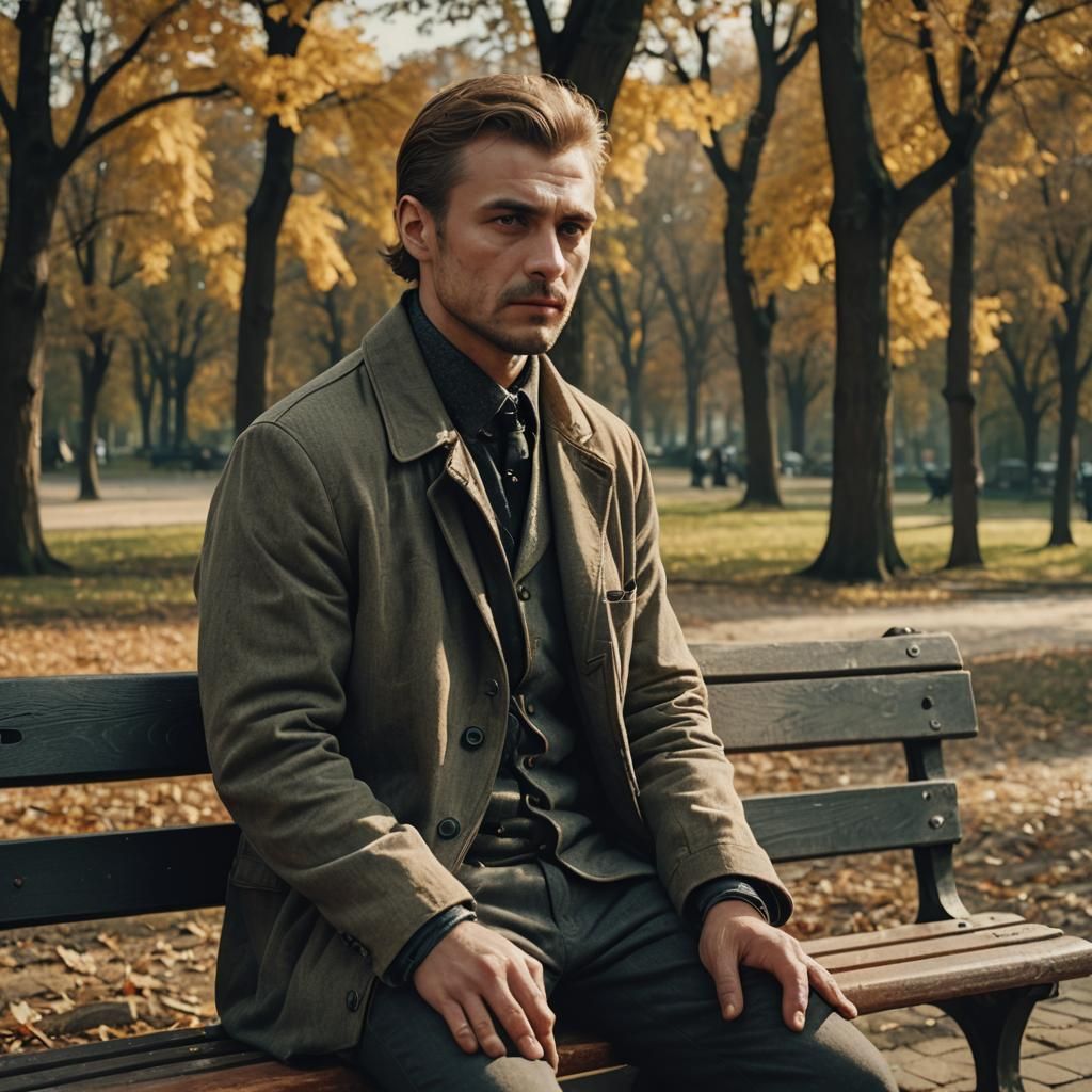 Pensive Slavic Man on Park Bench: Cinematic Film Still