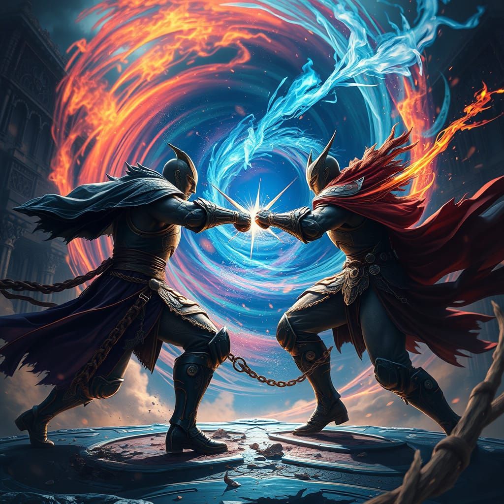 Epic Clash of Two Warriors in Swirling Mystical Vortex