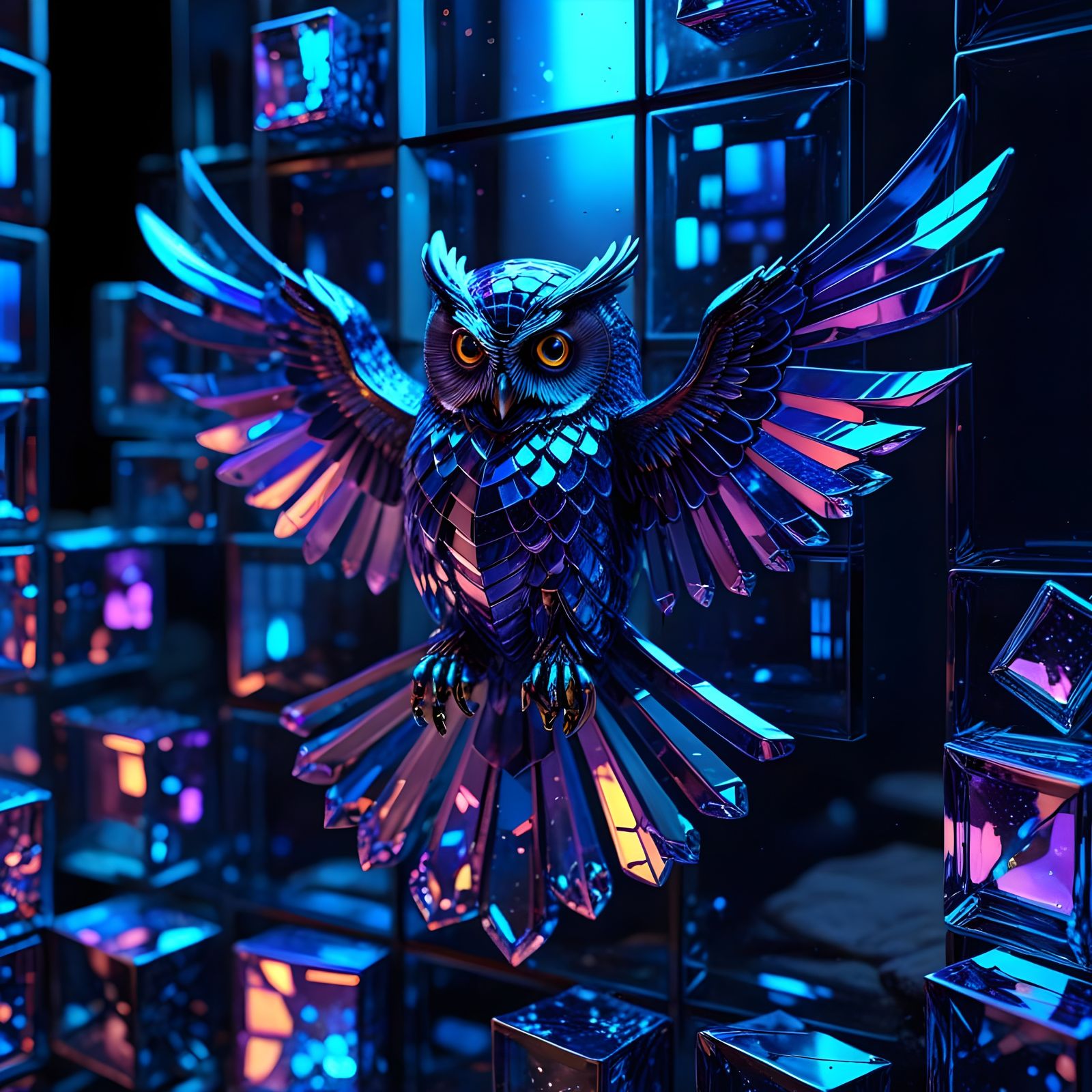 Abstract Glass Owl in Flight: Surreal Concept Art