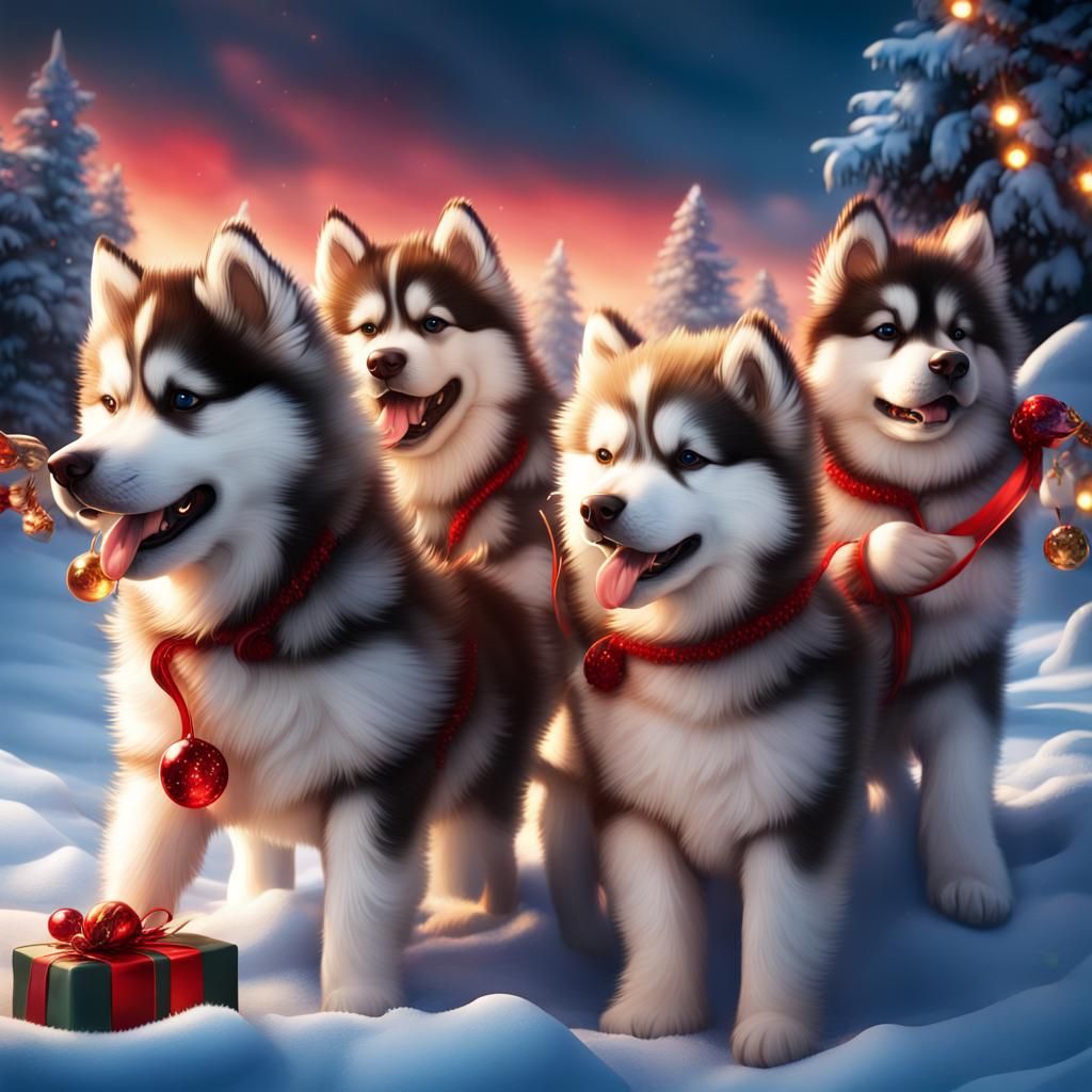 Christmas Magic: Alaskan Malamutes Pulling Santa's Sleigh