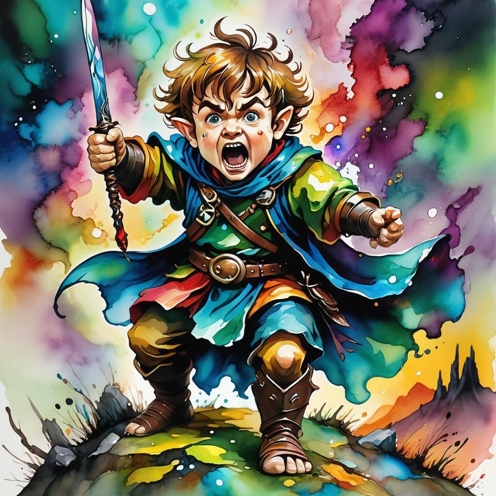 Halfling Warrior in Otherworldly Alcohol Ink Landscape