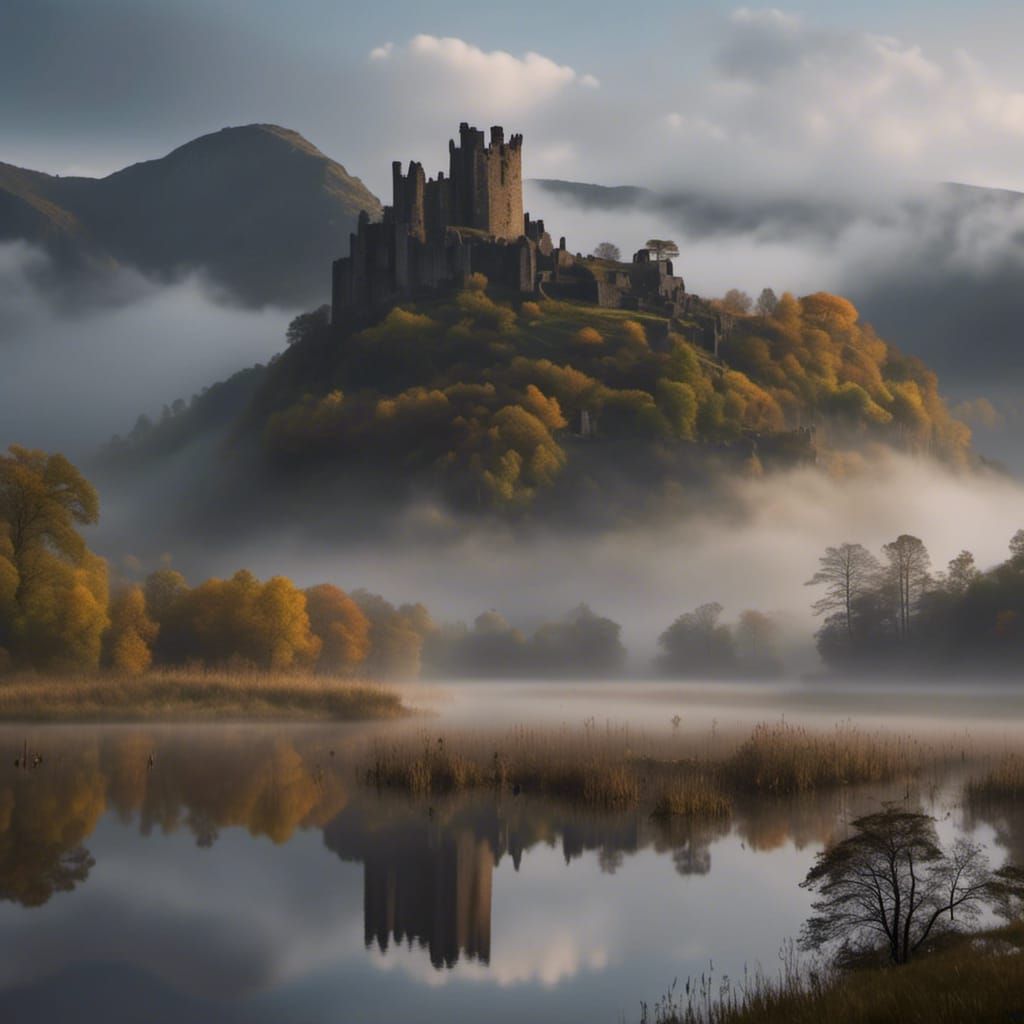 Highland Lake and Castle Ruins in Fog