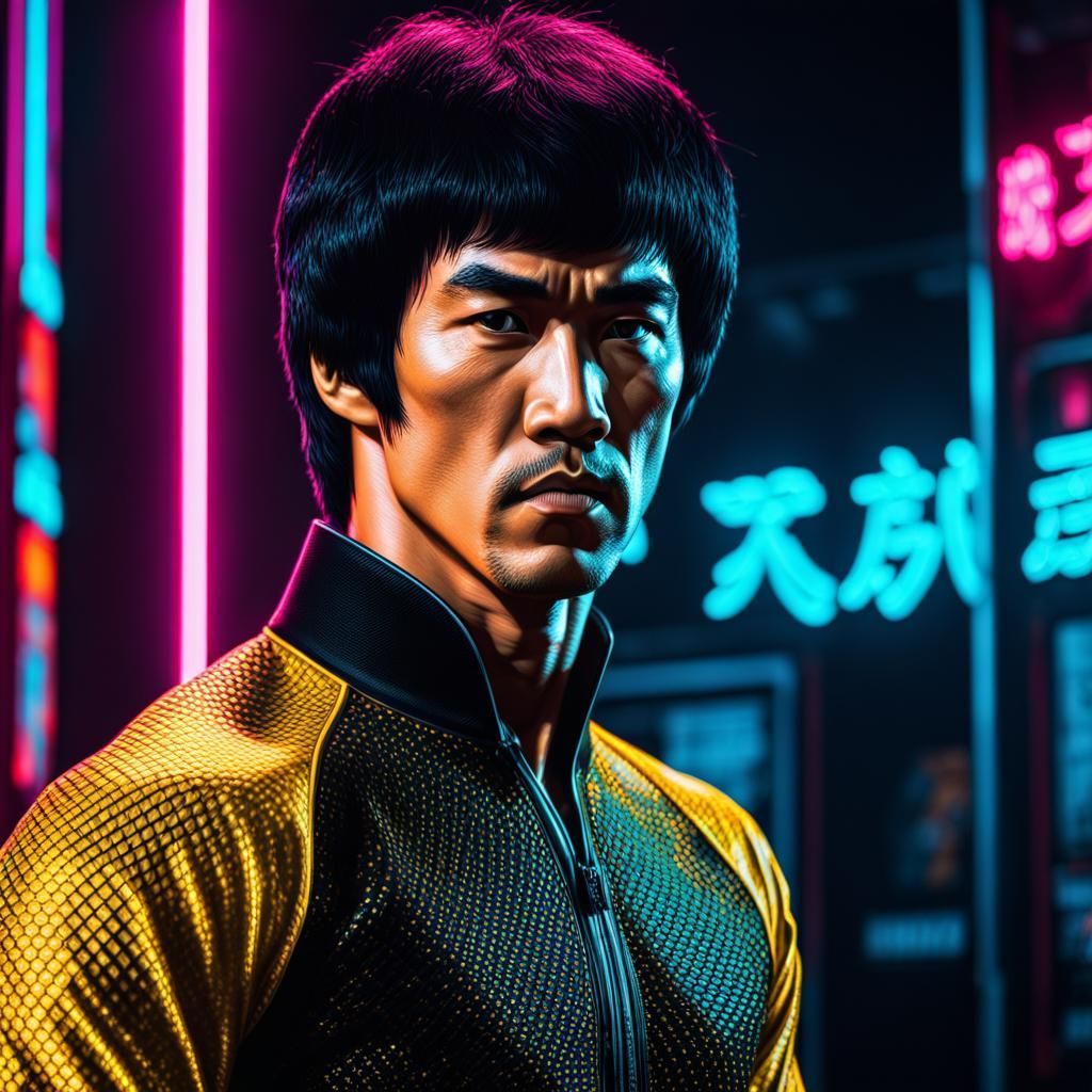 Hyperrealistic Bruce Lee Portrait in Neon Synthwave Style