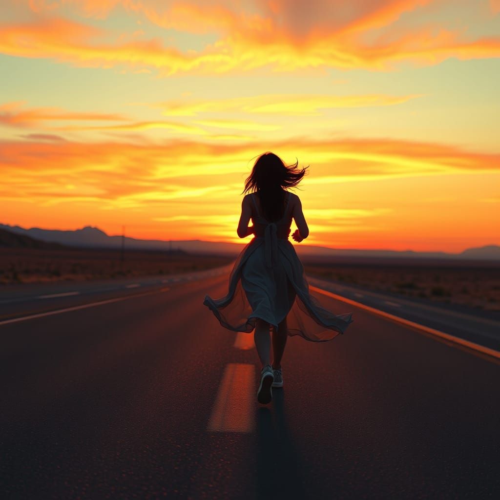 Woman Runs at Dusk: Digital Art Escape
