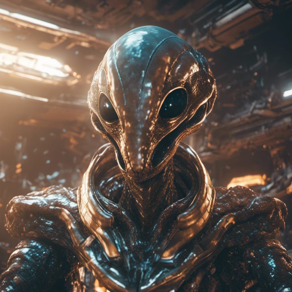 Alien Python Humanoid Portrait with Crashed Spaceship
