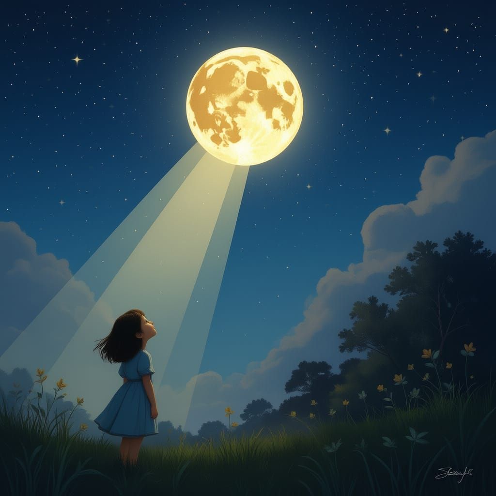 Girl Gazes at Moon's Hopeful Light in Art Nouveau Style