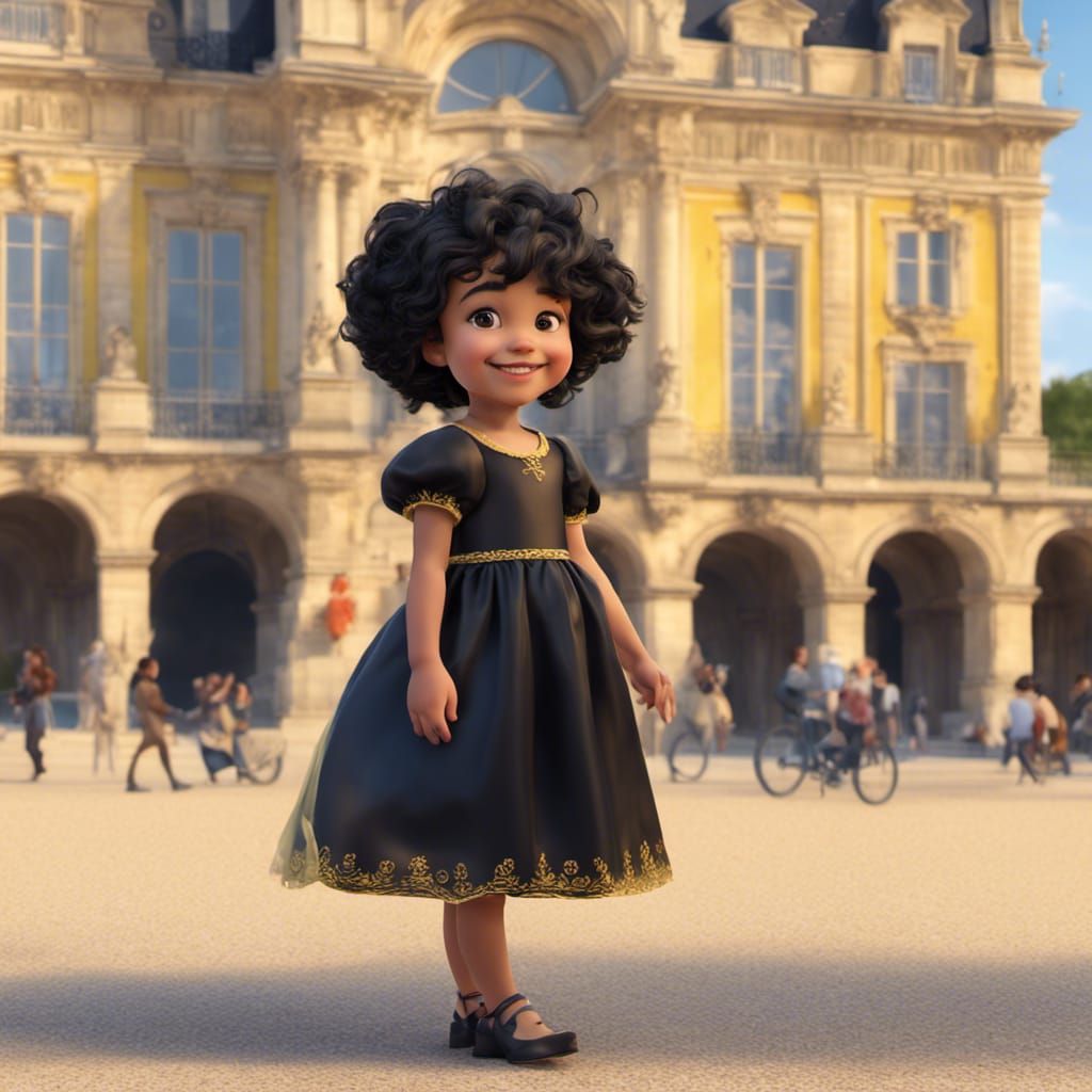 Smiling Toddler in Princess Dress, Pixar Style