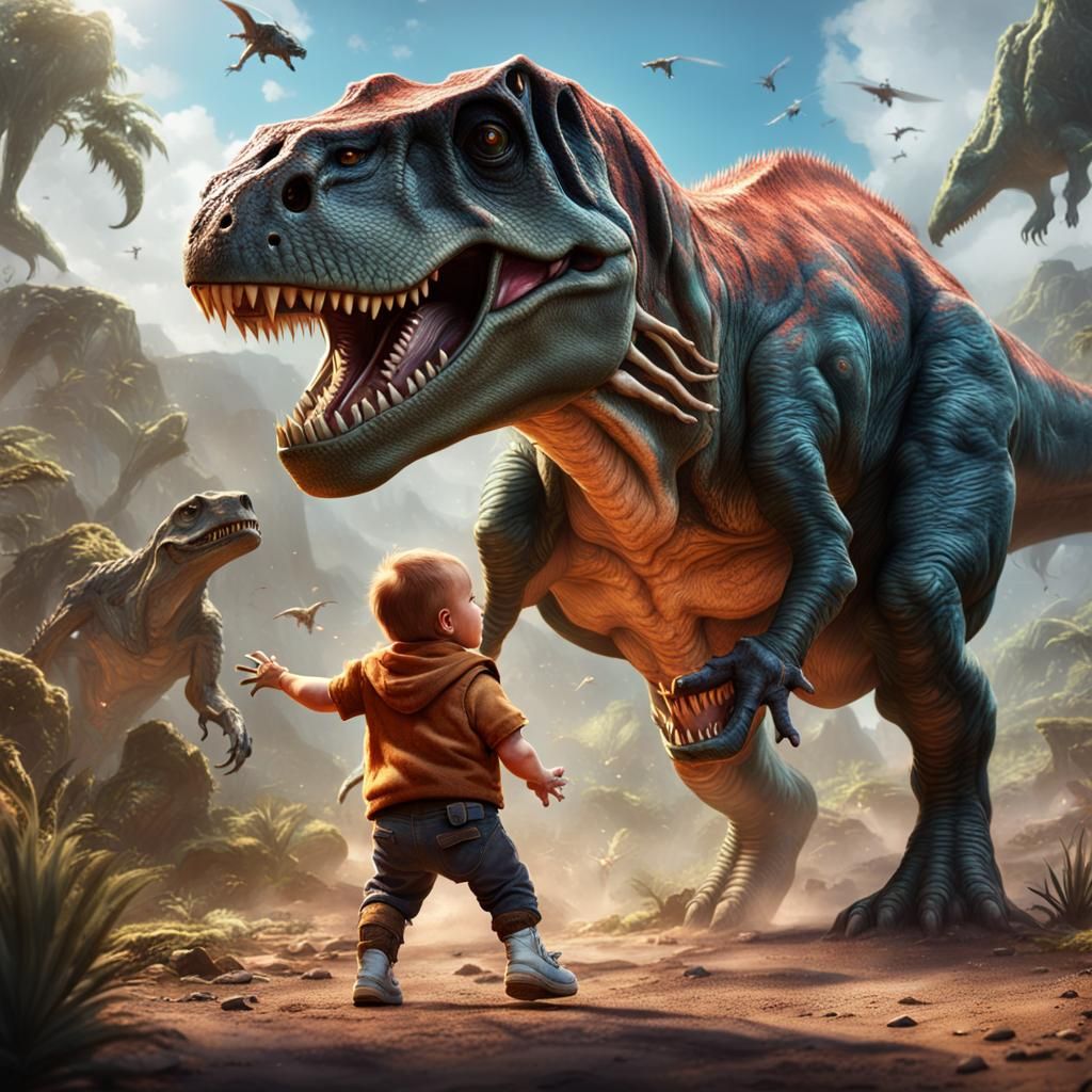 Baby T-Rex Combat: Detailed Fantasy Art