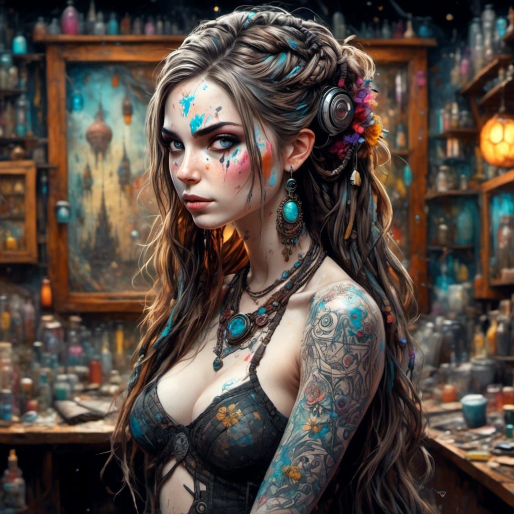 Beautiful Female Artist in Art Studio with Ink Flow