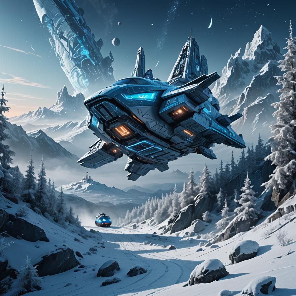 Futuristic Spaceship on Snowy Mountain Ridge
