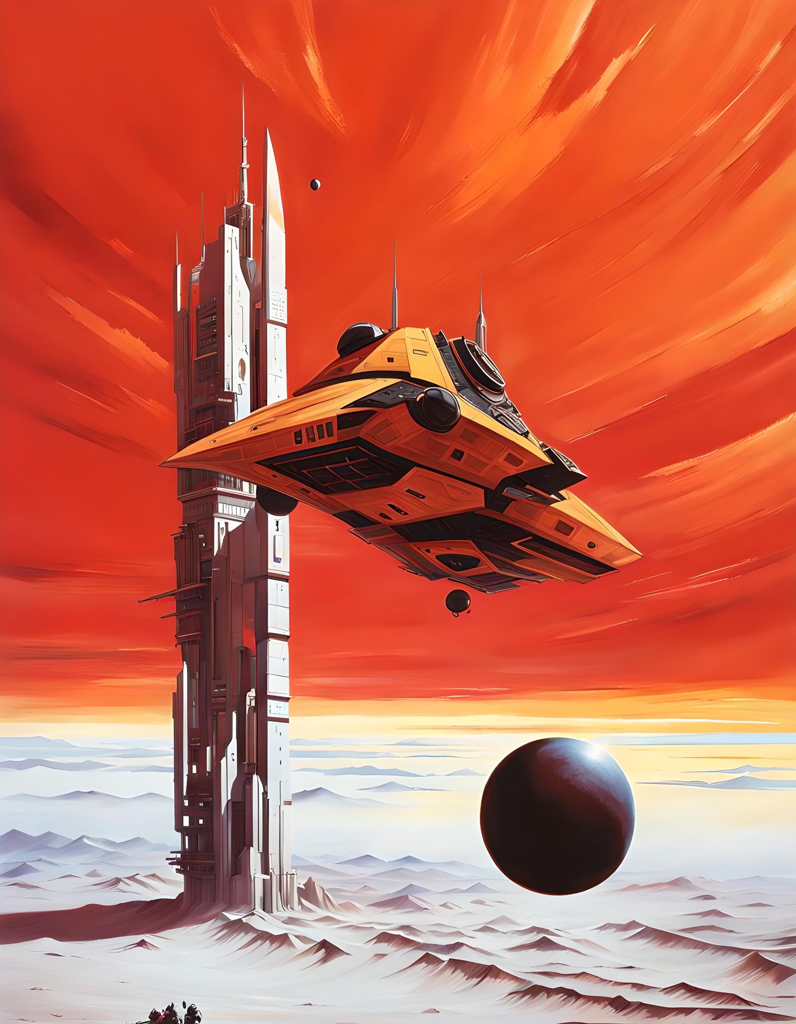 Spacecraft Winching Sphere in Red Desert Sky