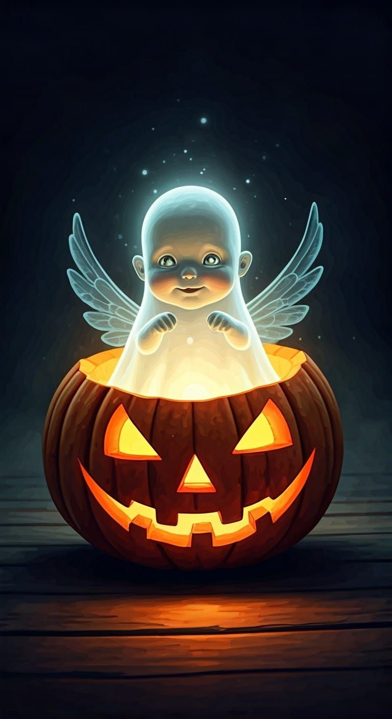 Whimsical Ghostly Child Emerge from Jack-o'-Lantern in Water...