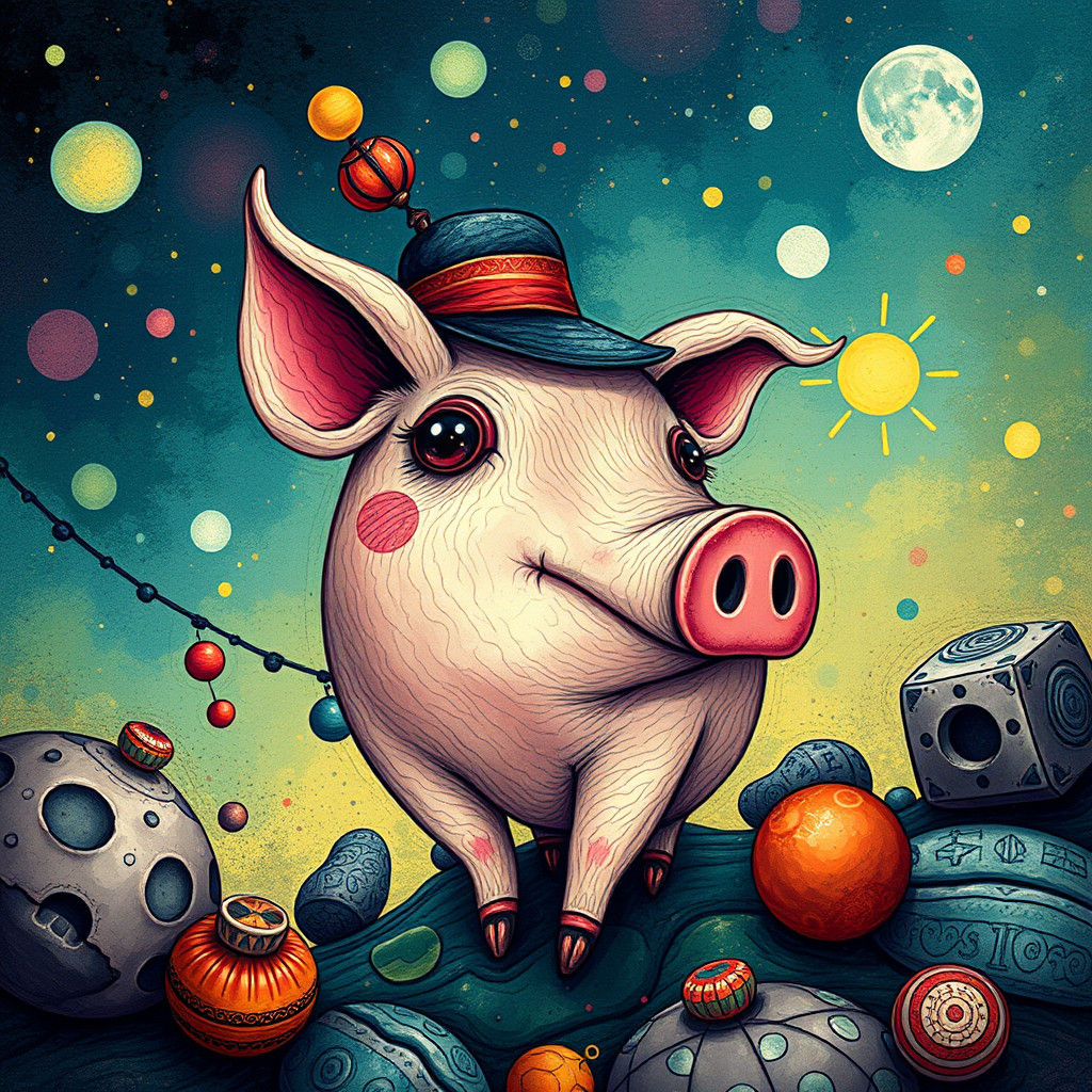 Surreal Pig Illustration in Pointillist Pop Art Style