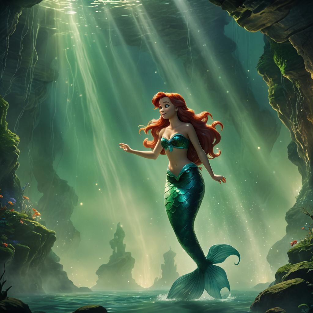 Ariel in Underwater Grotto as Watercolor Painting