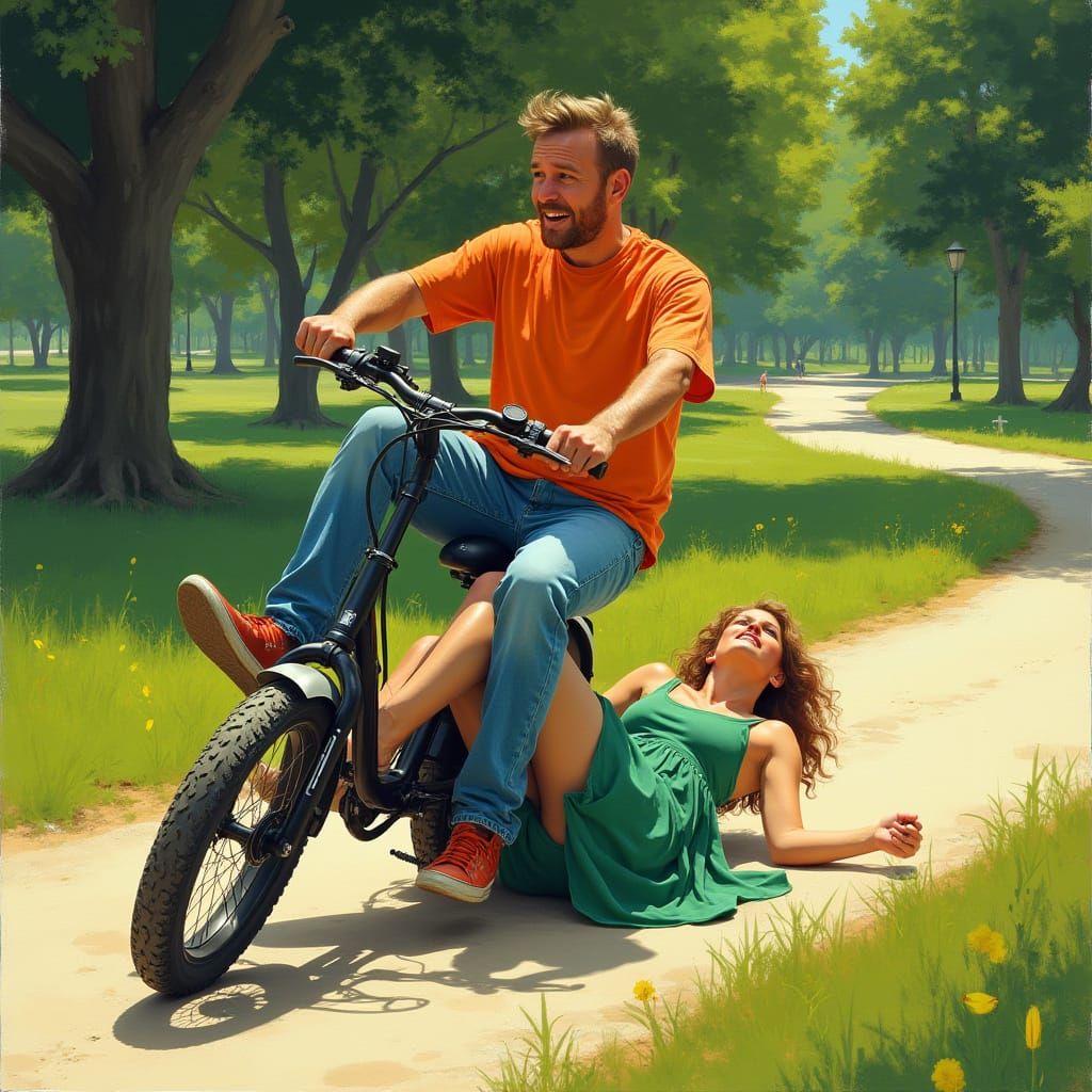 Couple's Electric Bike Mishap in a Park