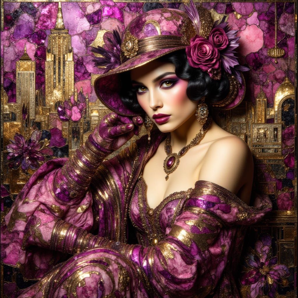 Klimt-Inspired Flapper Woman in Art Deco Cityscape