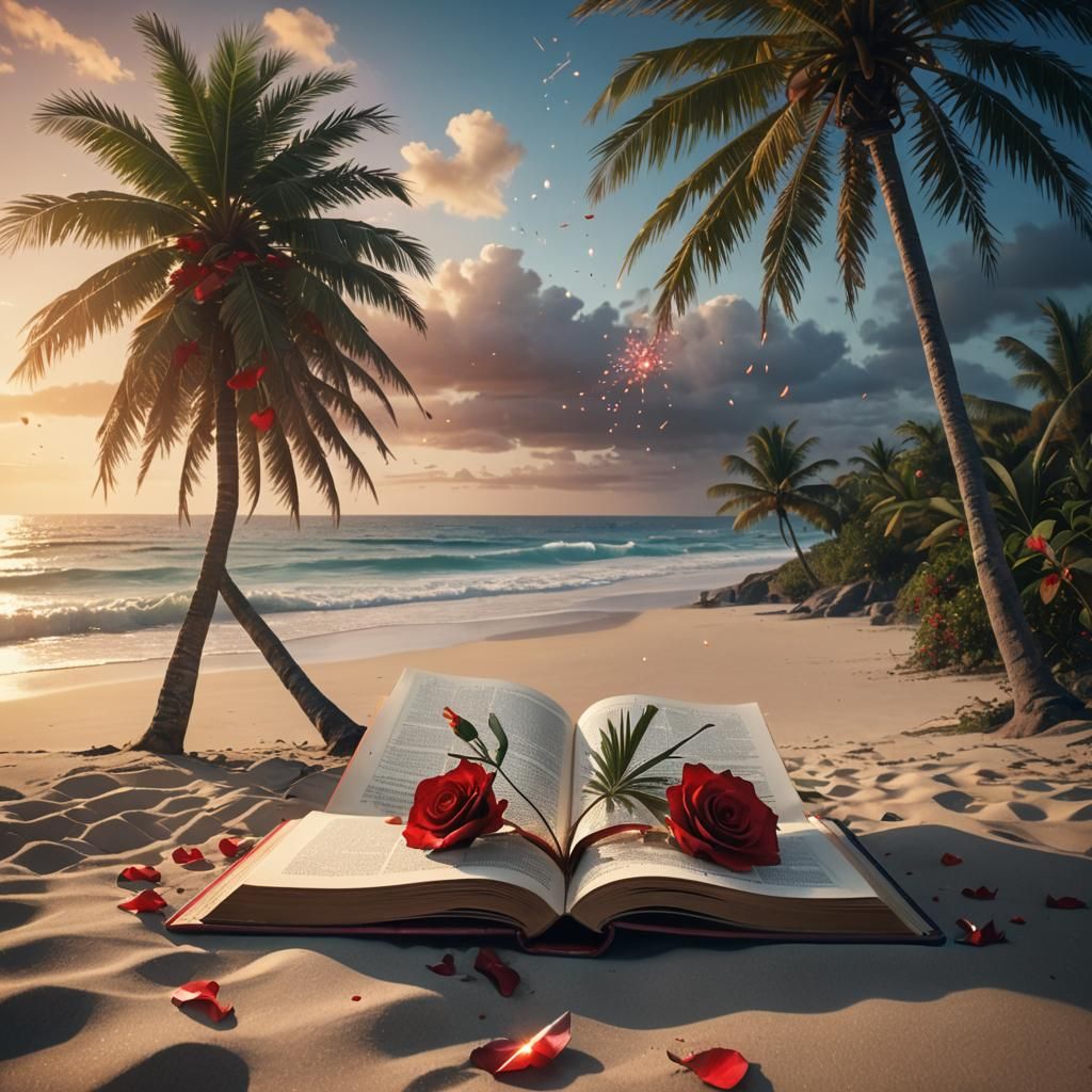 Fantasy Beach Scene with Book, Rose, and Palm
