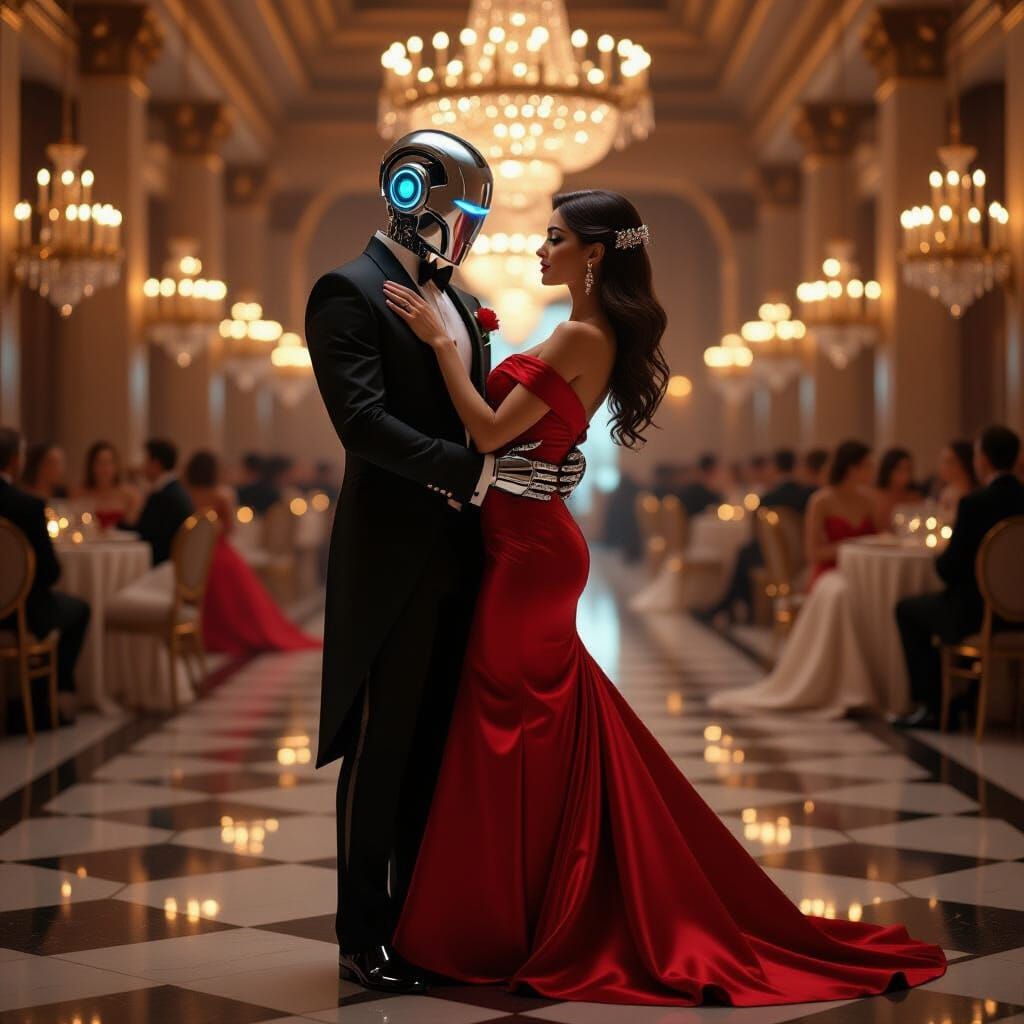 Android and Woman Dancing in Ballroom, Digital Art
