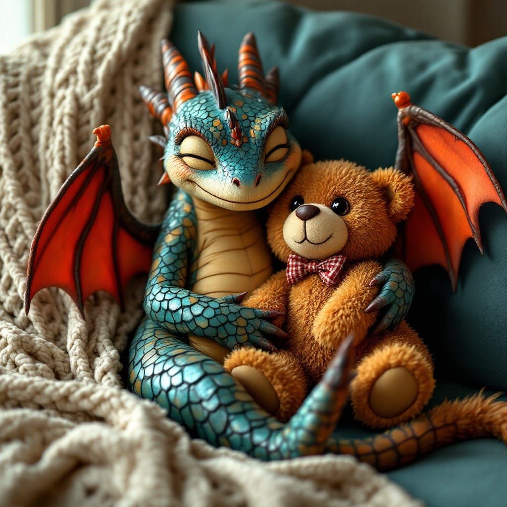 Dragon Cuddling Teddy Bear on Couch