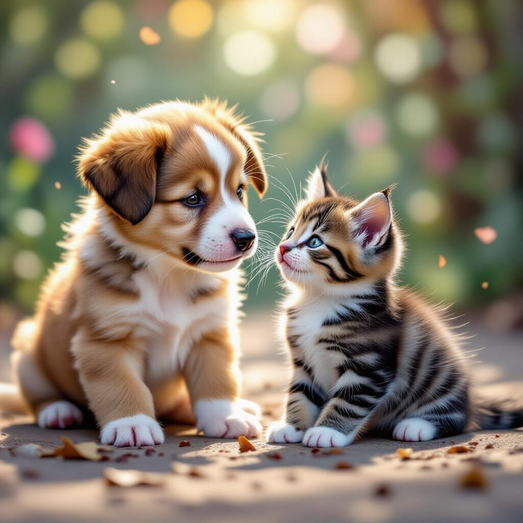 Puppy and Kitten Play Together in Vibrant Splash Art