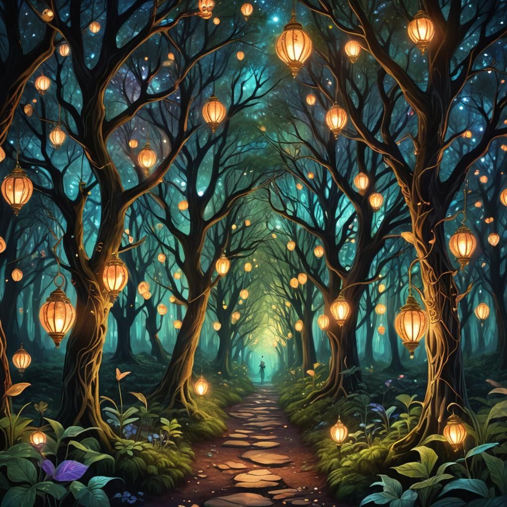 Art Nouveau Fairy Lanterns Light Forest Path