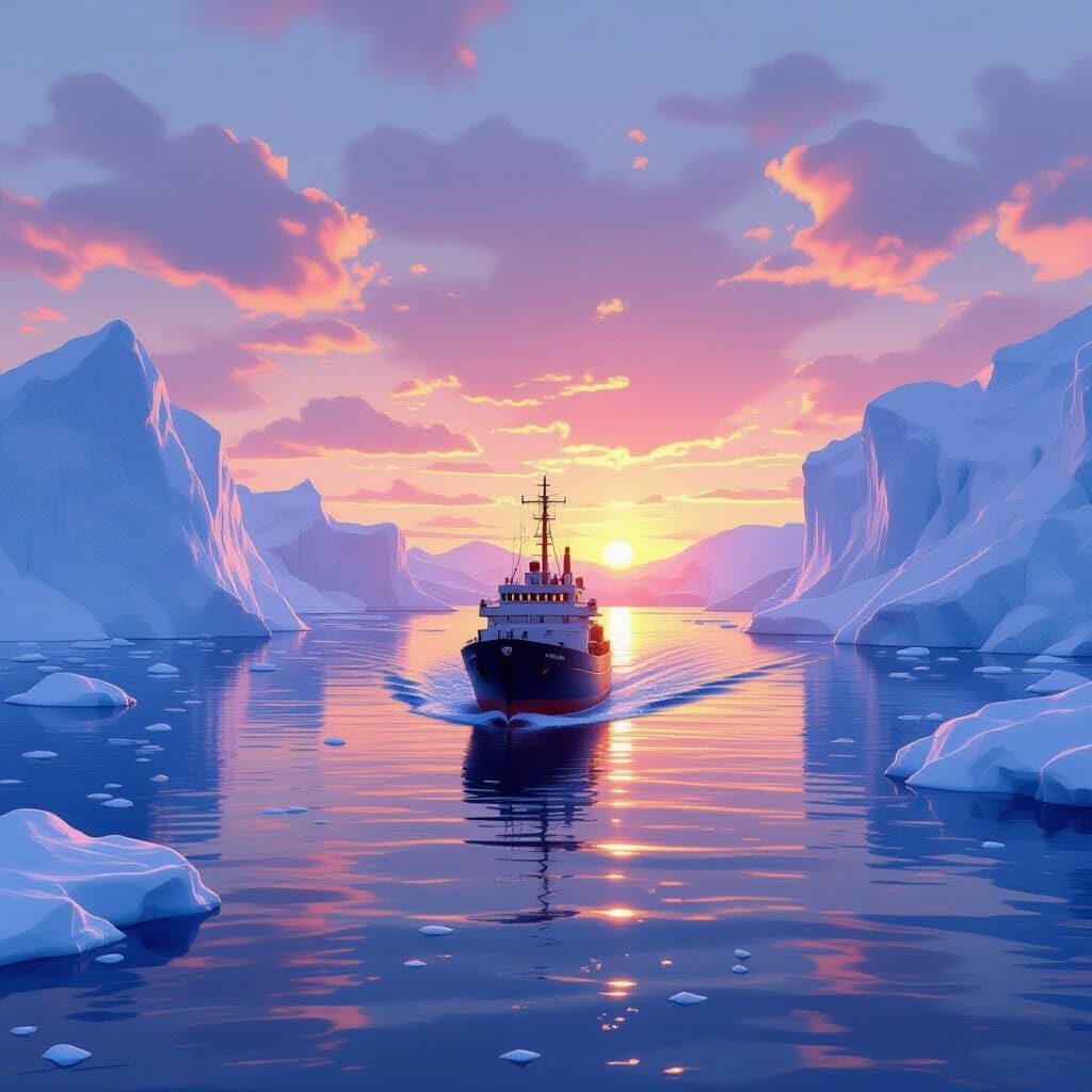 Cargo Ship Amidst Icebergs: Romanticism-Inspired Digital Art