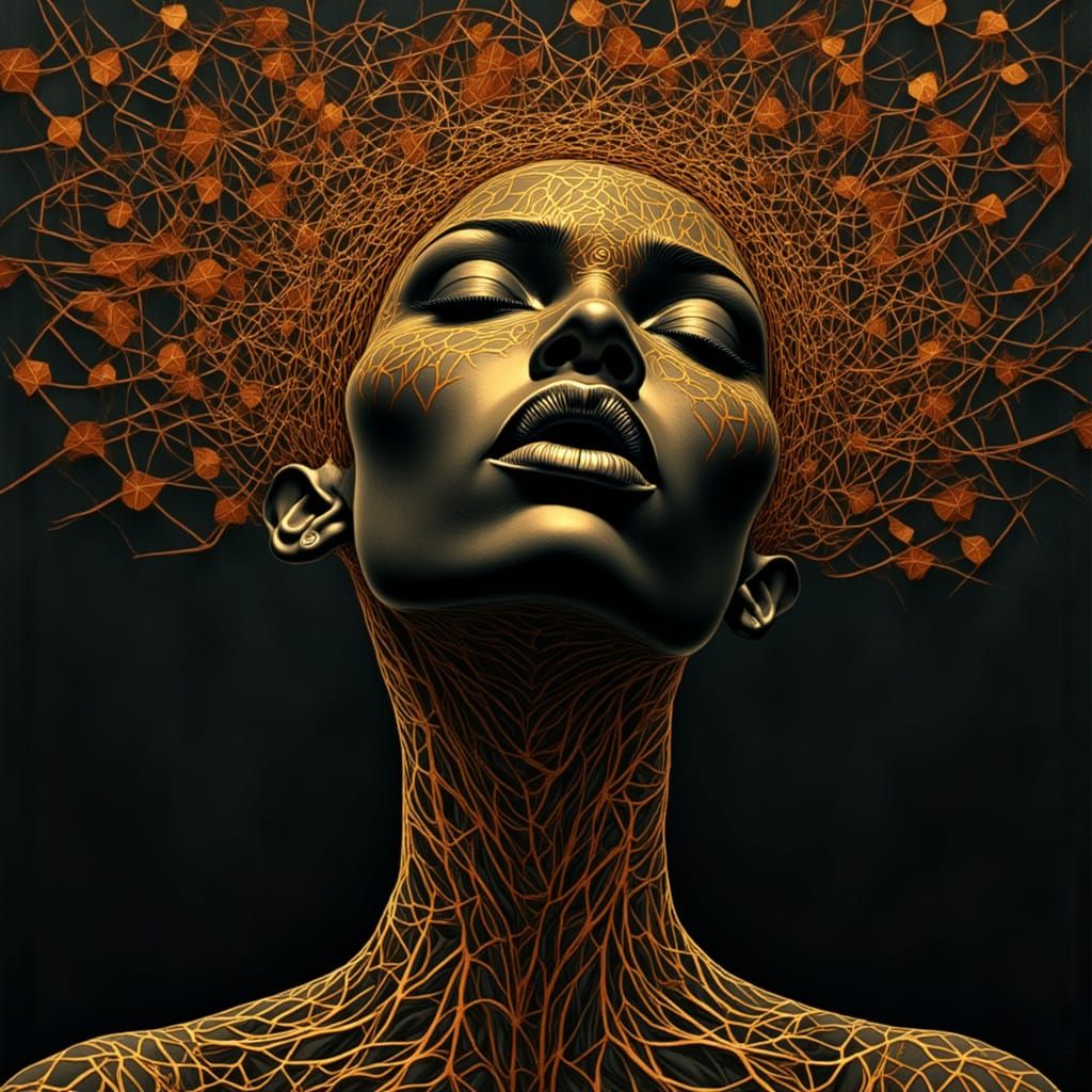 Surreal Black Woman with Elongated Neck Amidst Glowing Geome...