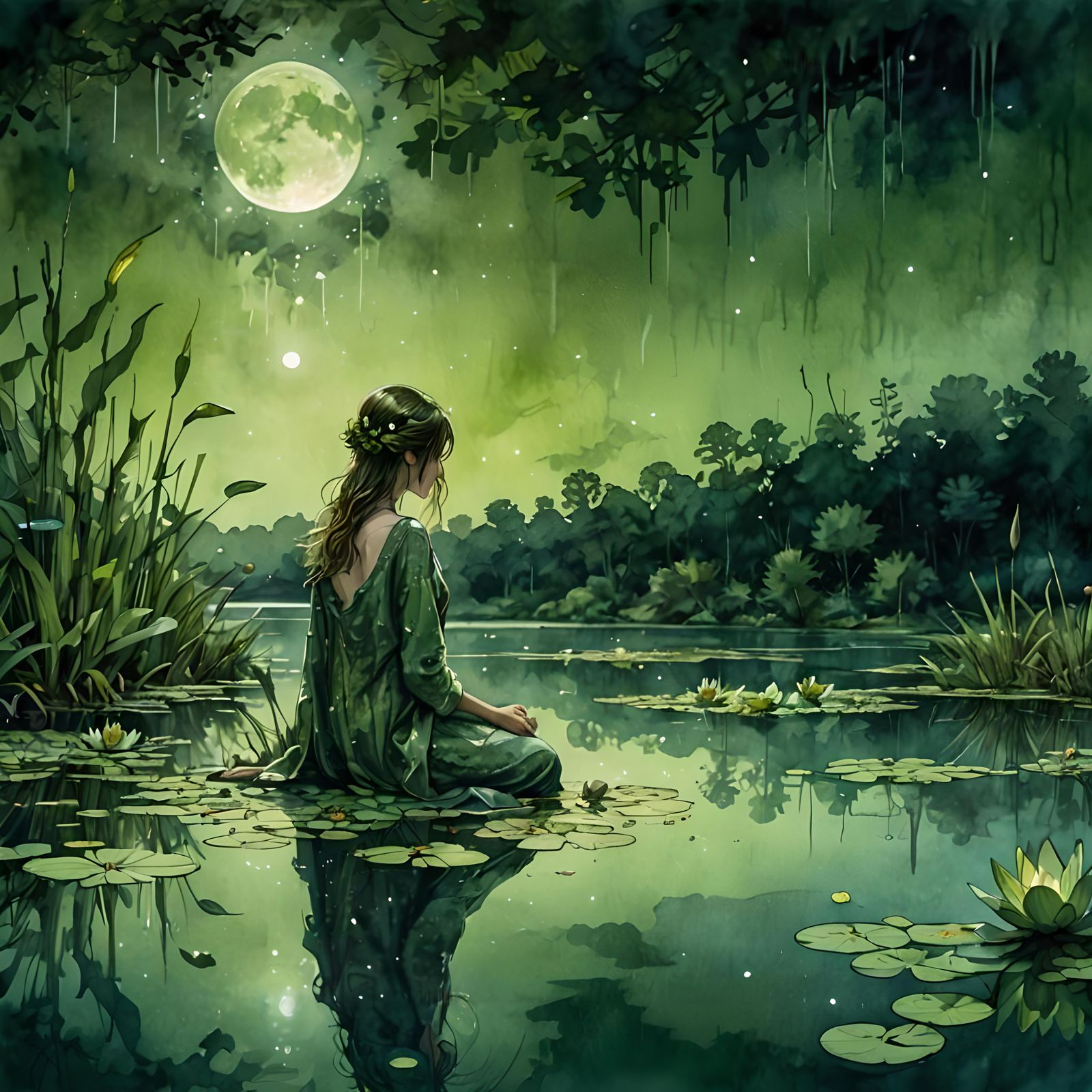 Serene Moonlit Lake with Lily Pads: Digital Watercolor